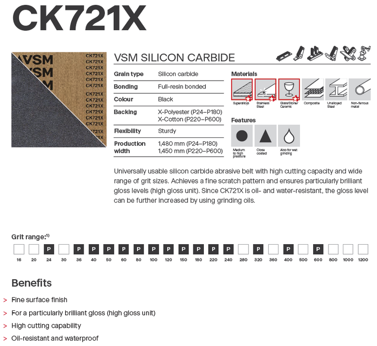 44" x 60" CK721X Wide Belt Abrasive for Stainless Steel, Superalloys, Coatings, Glass, Stone, Ceramic, Grits #50 - #220