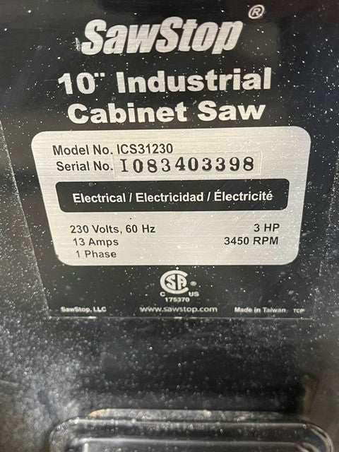 Used SawStop Industrial Cabinet Saw, 3P, 230V 1 Phase