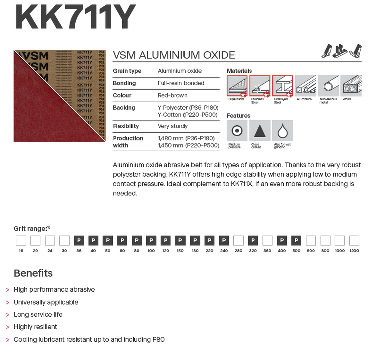 37" x 60" KK711Y Wide Belt Abrasive for Stainless Steel, Superalloys, Coatings, Unalloyed Steel, Grits #50 - #150