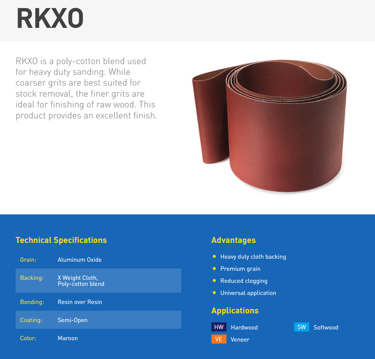 RKXO, Aluminum Oxide, Cloth Backed, Abrasive Belts for Softwoods and Hardwoods, Grits #36 - #220