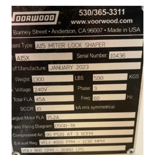 Used 2023 Voorwood A15 Miter Lock Shaper