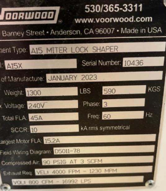 Used 2023 Voorwood A15 Miter Lock Shaper