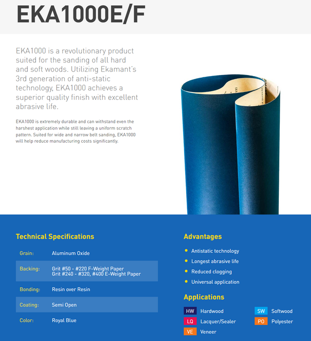 EKA1000, Antistatic Aluminum Oxide, Paper Backed, Cost-Effective Abrasive Belts for Softwood and Hardwood Finishing, Grits #50 - #400